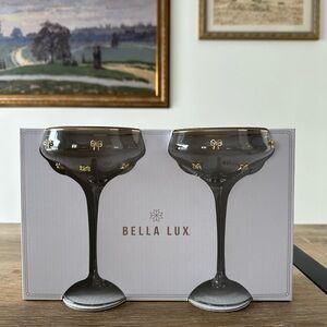 NWT: BELLA LUX - Set of 2 Cocktail Glasses, Gold and Crystal Bows
